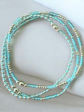14K Gold Filled & Mint Green Seed Bead Stretch Bracelet Set (Set of 3) Handmade
